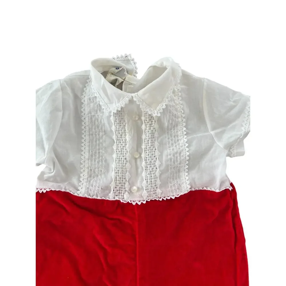 Vintage Toddler Boy Christmas Holiday Red Velvet Shorts One Piece 12M